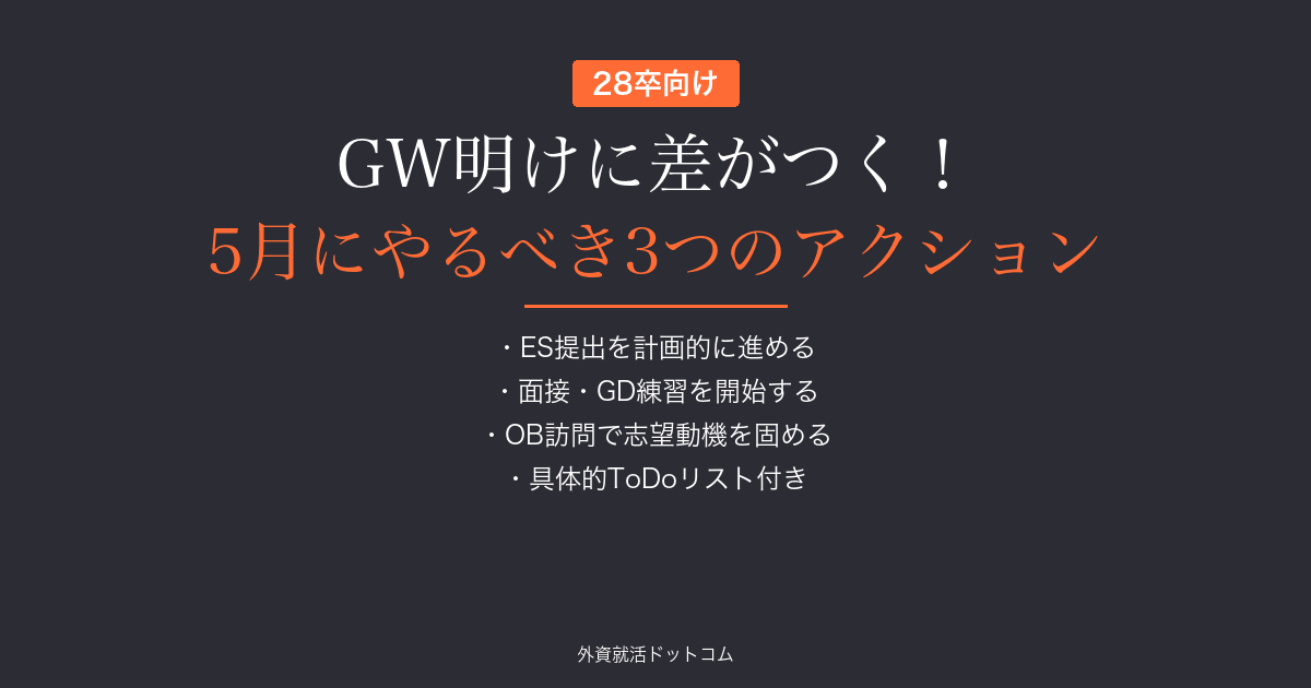 【28卒】GW明けに差がつく！5月にやるべき3つのアクション｜ES提出・面接準備・企業研究の優先順位